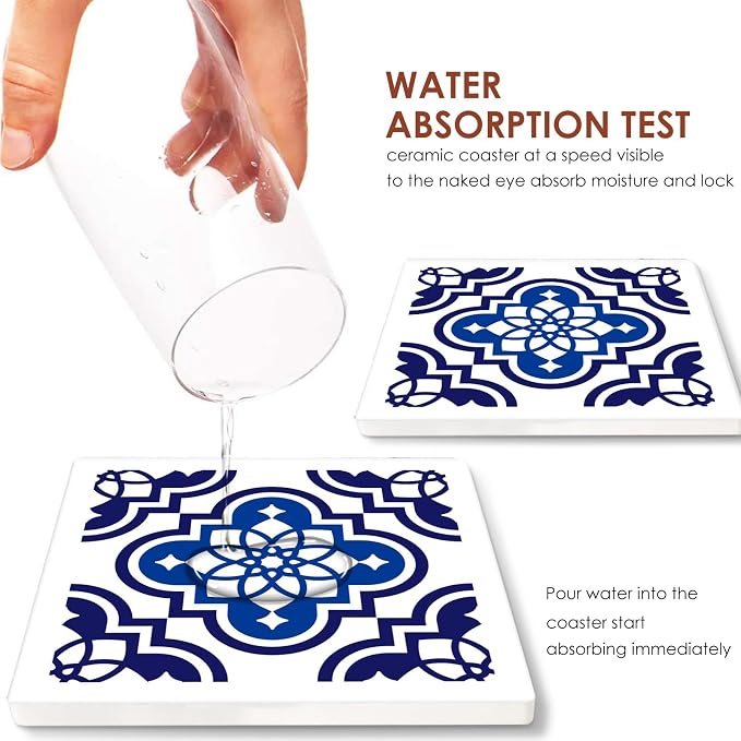 Navy Blue Tile Coasters for Drinks, Ceramic Stone | Geometric Abstract - Image 4