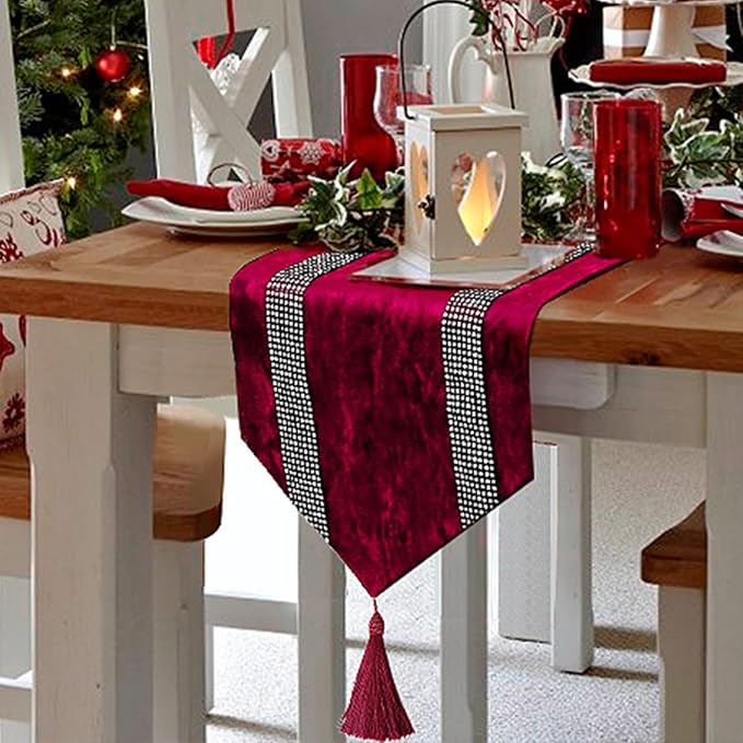 Glam Burgundy Table Runner, Bling Sequin Rhinestone, Ombre Velvet, Double-Layer - Image 6