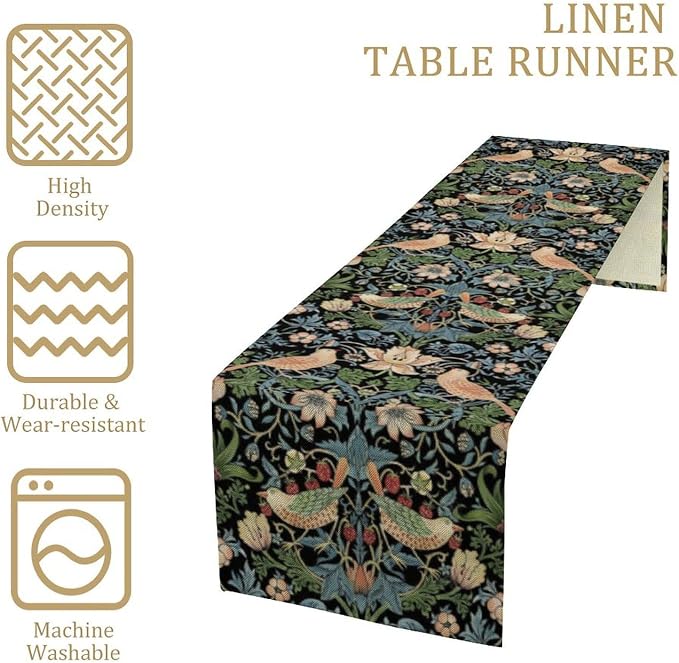 William Morris Floral Table Runner, Strawberry Thief Birds in Green and Blue - Image 4