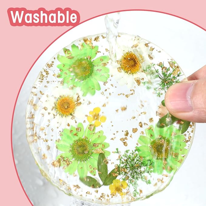 Amabro Dried Flower Drink Coasters, Floral Resin Drink Cup Mat Set of 2 - Image 6