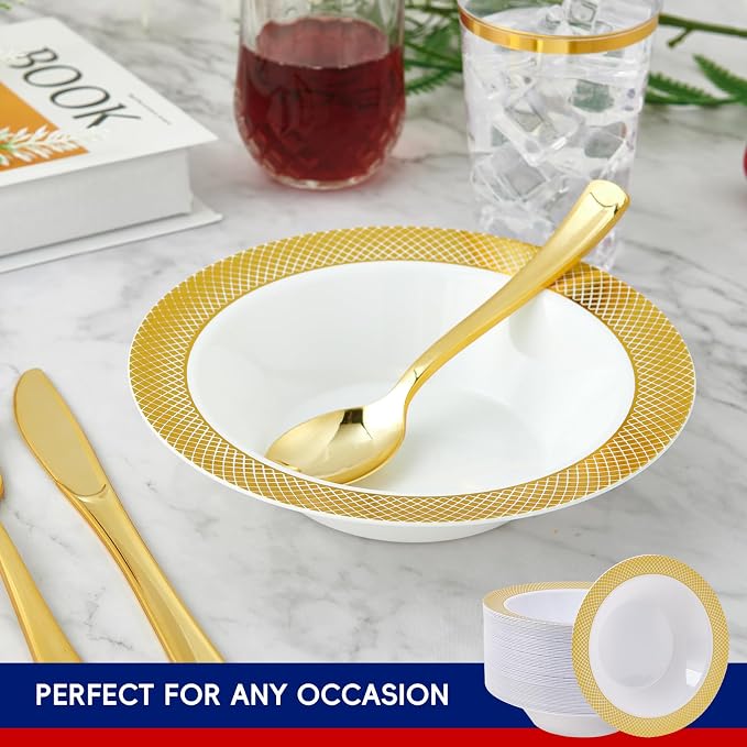 Plastic Bowls with Gold Grid Rim Disposable 12oz Bolws 50Pack | Disposable - Image 3