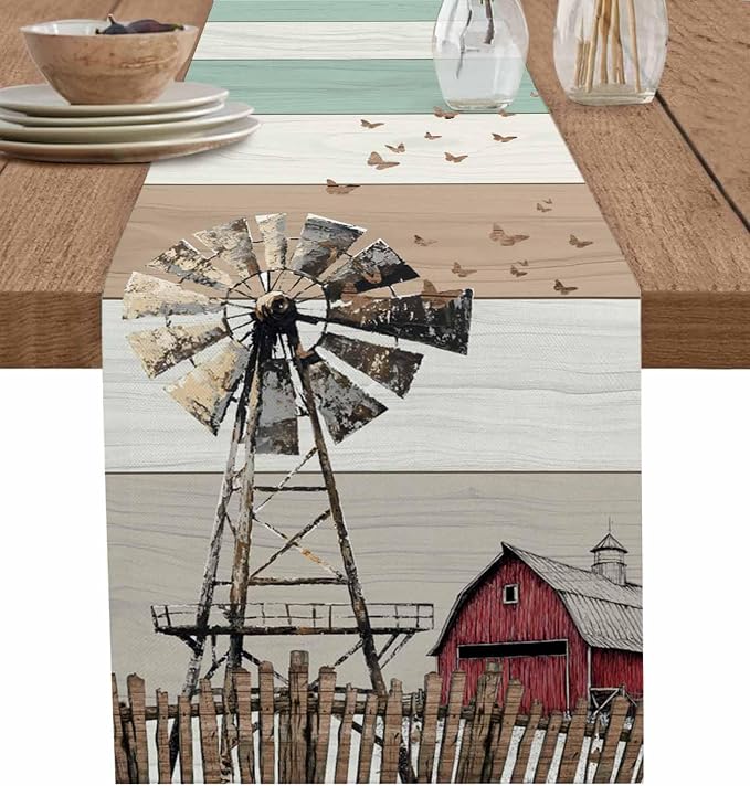 Farmhouse Windmill Table Runners 60 Inches Long, Cotton Linen Fabric Table by Edwiinsa