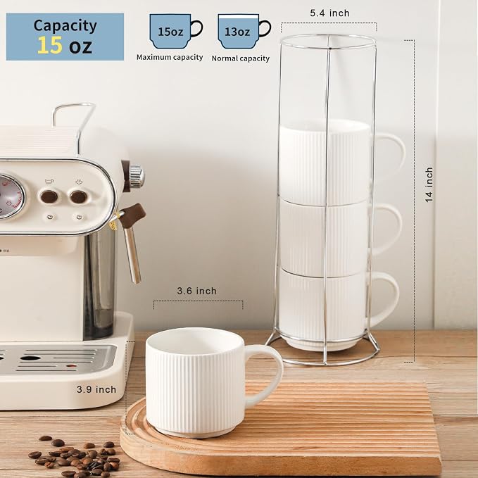 HASENSE Stackable Coffee Mugs, 15oz Coffee mugs Set of 4, Ceramic Coffee Mug - Image 3
