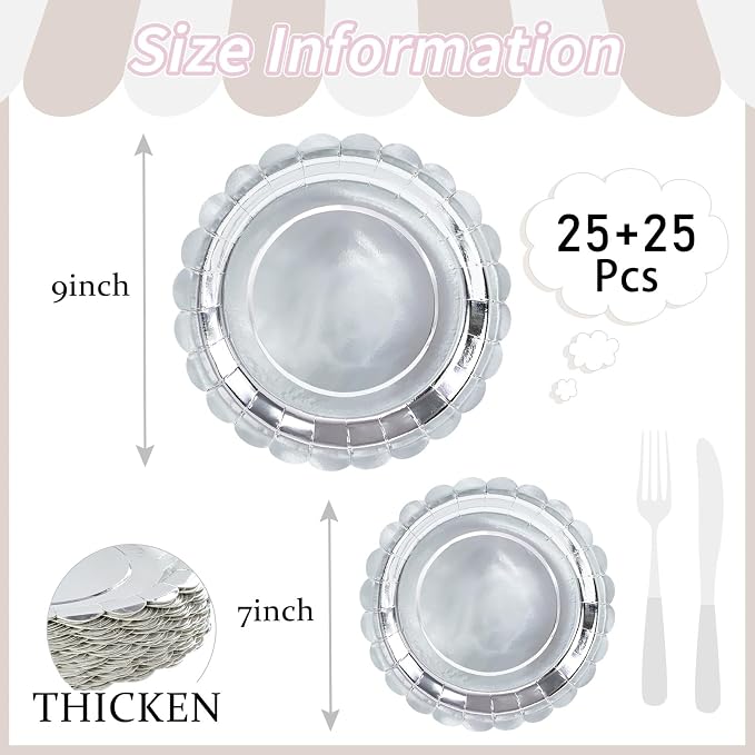 50 Pcs Silver Scalloped Paper Plates 25 × 7'' and 25 × 9'' Disposable Silver - Image 3