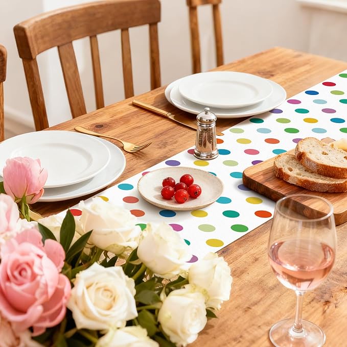 Colorful Polka Dot Table Runner, 13x72 Inch Rainbow Dot Dining Table Decor | - Image 6