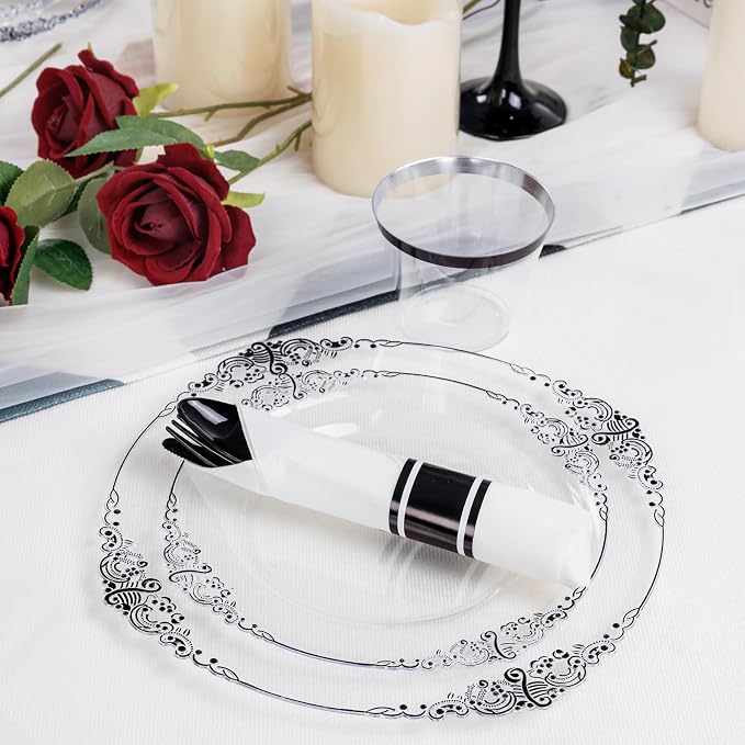 350 Pcs Clear Black Plates for Party | Black Party Plates Set for 50 Guests - Image 9