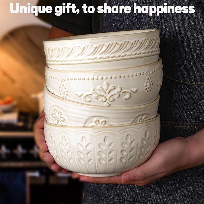 Soup Bowls 32 OZ, Cereal Bowls Set of 4, Embossment Ceramic Ramen Bowl - Image 8