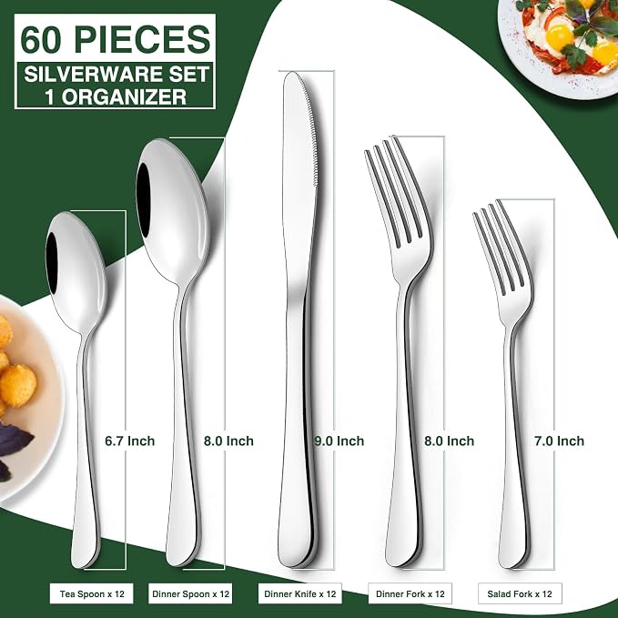 60-Piece Silverware Set with Organizer, AIVIKI Stainless Steel Flatware Set - Image 3
