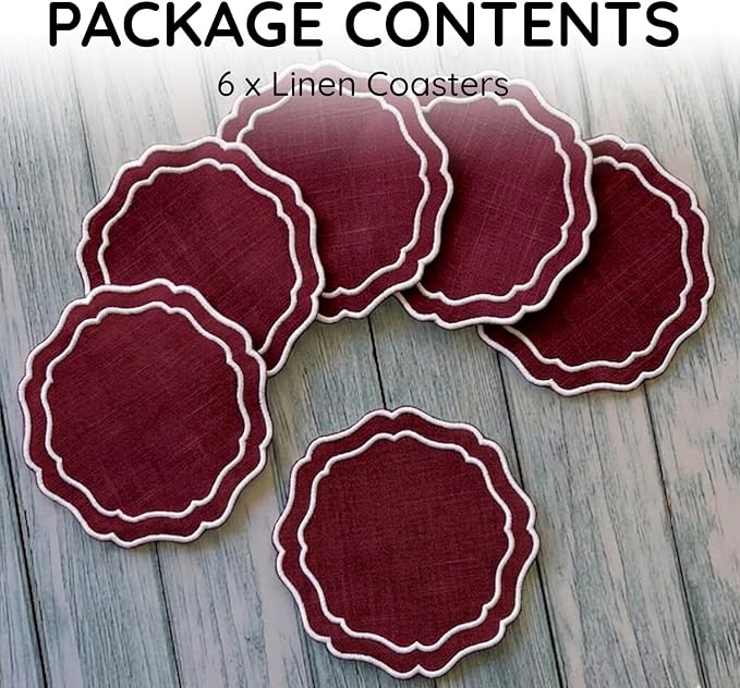 Drink Coasters Set of 6, 6x6 inch, Absorbent Linen Drink Mats - Image 2