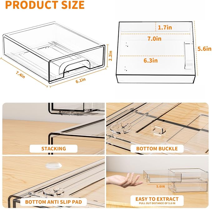 8 Pack Small Clear Stackable Storage Drawers, 2.2'' Tall Desk Organization and - Image 3