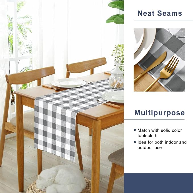 Buffalo Plaid Table Runner Grey and White 14W x 60L, 1 Piece | Waterproof - Image 4