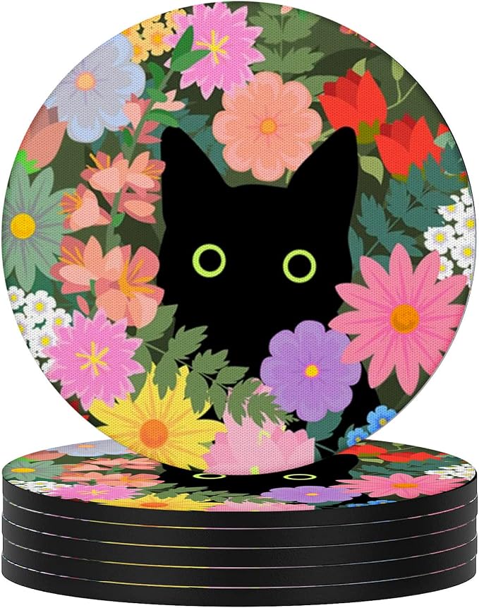 Swooflia Coasters for Drinks Coffee Table, Flower Black Cat Cute Colorful by Swooflia