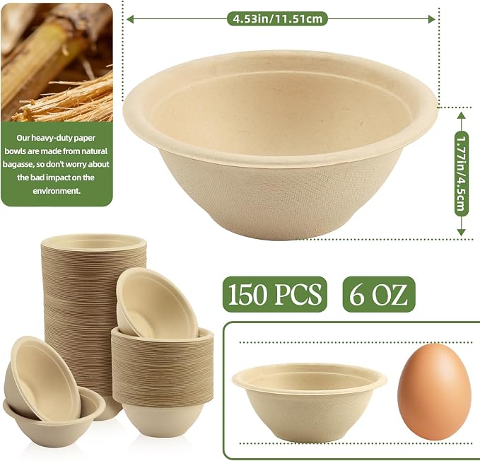 LeonBach 150 Pack 6 oz Natural Bagasse Fiber Paper Bowls, Small Compostable - Image 2