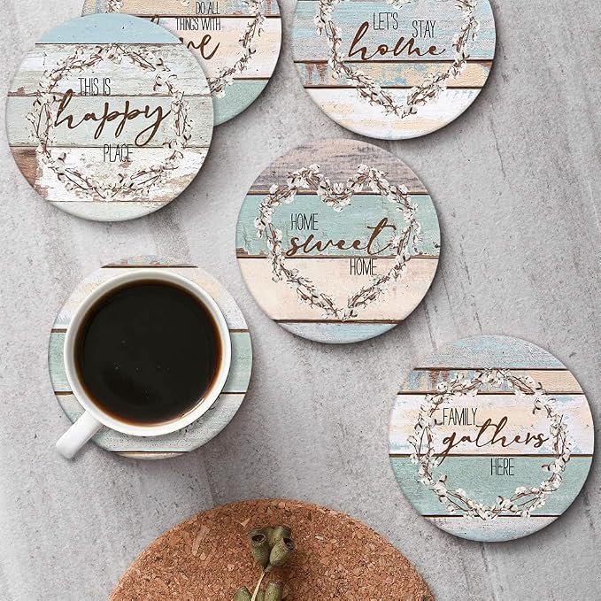 Coasters for Drinks, Ceramic Stone Vintage Blessed Love | Farmhouse Absorbent - Image 4