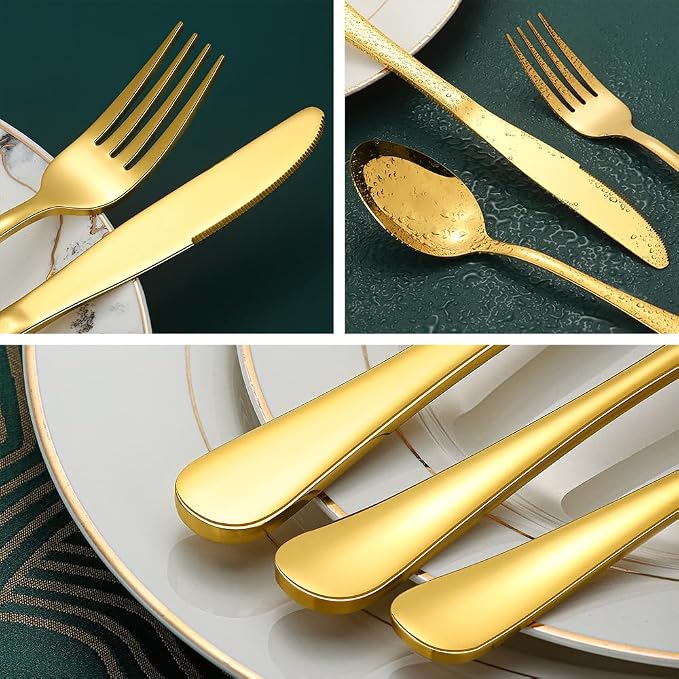 Gold Silverware Set for 12, Compralo 60 Pieces Stainless Steel Shiny Gold - Image 3