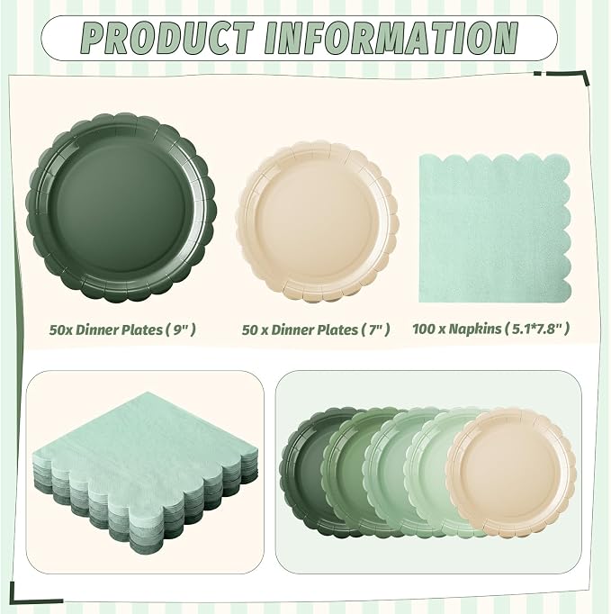 110pcs Sage Green Plates and Napkins Tableware Set Serve 25 Guests Includes - Image 2