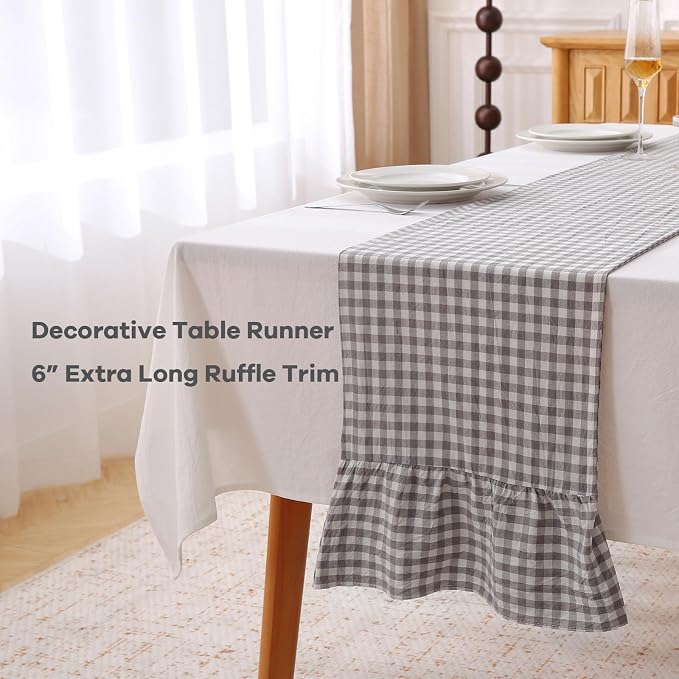 Grey White Plaid Gingham Ruffle Table Runner 108 inches Long 100% Washed Cotton - Image 3