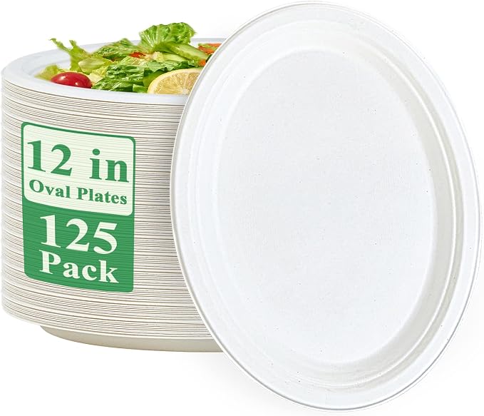 Vplus 100% Compostable Oval Paper Plates 12 inch 125 Pack, Disposable Paper by Vplus