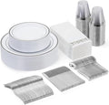 175 Pcs Silver Dinnerware Sets for 25 Guests, Disposable Plate Set | Plastic by GoodLuck
