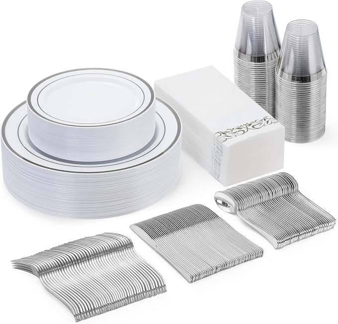 175 Pcs Silver Dinnerware Sets for 25 Guests, Disposable Plate Set | Plastic by GoodLuck