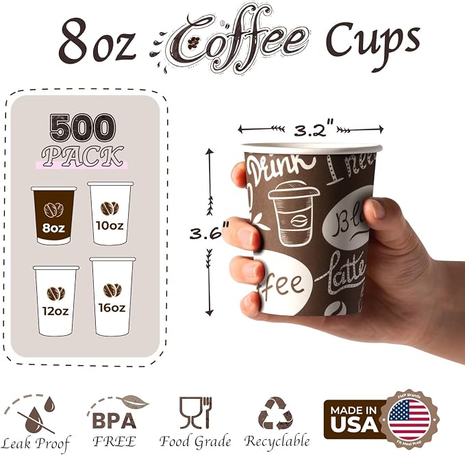 Fit Meal Prep 8 oz Coffee Cups 500 Count, Leak-Proof Hot Cup, Disposable Paper - Image 2