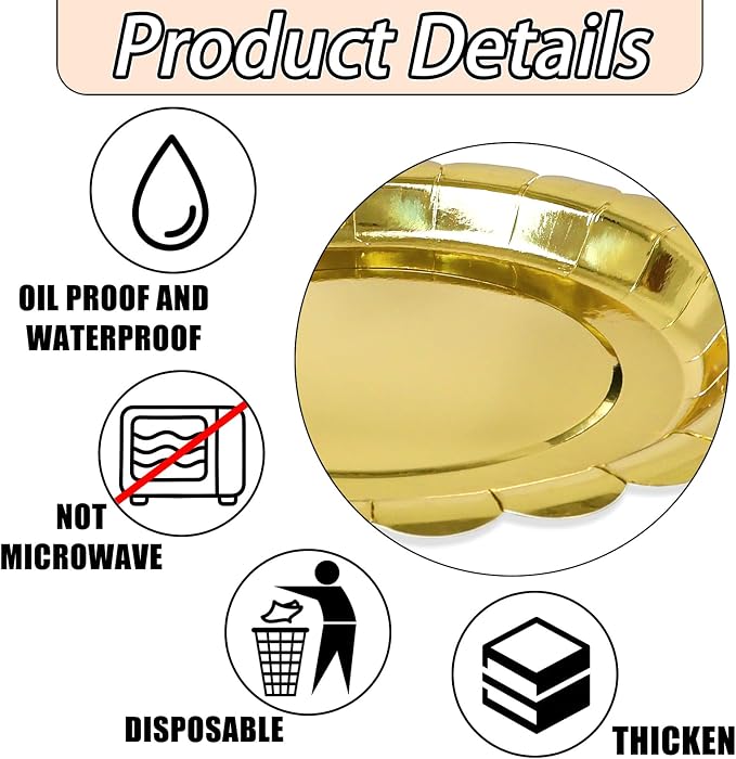 50 Pcs Gold Scalloped Paper Plates 25 × 7'' and 25 × 9'' Disposable Gold - Image 4