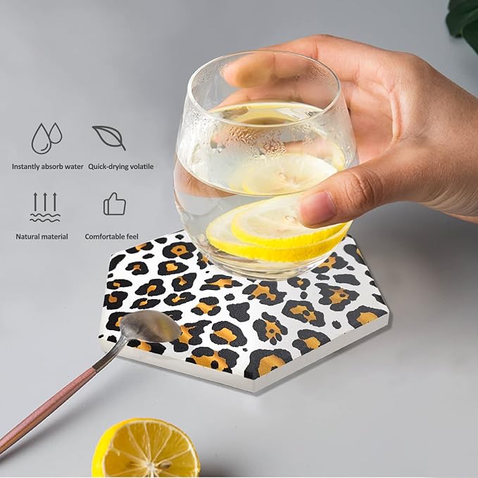 8 Pcs Drink Coasters with Metal Holder Stand, Leopard Print Design Ceramic - Image 3