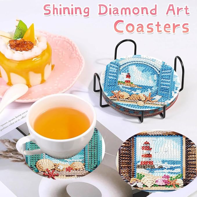 8 PCS Diamond Art Coasters Kits Lighthouse Diamond Painting Coaster | Diamond - Image 6