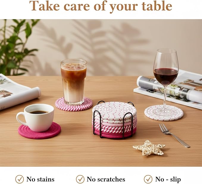 Drink Coasters Set of 8 with Holder, Cotton Woven | Absorbent cotton woven - Image 3