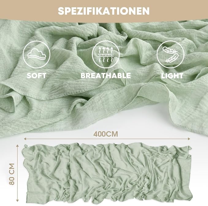 Artoid Mode Boho Cheesecloth Gauze Sage Green Wedding Table Runner, 160 Inch - Image 5