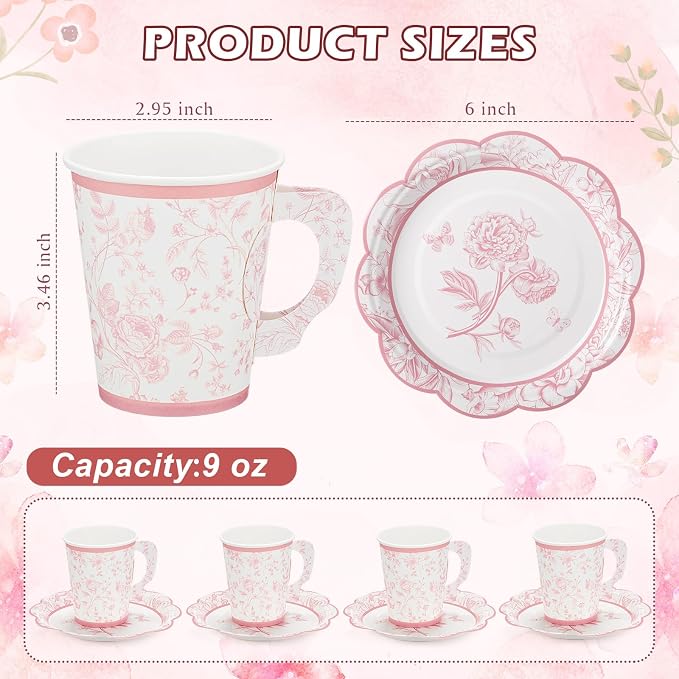 FillTouch 48 Sets Pink Floral Paper Tea Cups and Saucers Disposable Paper Tea - Image 2