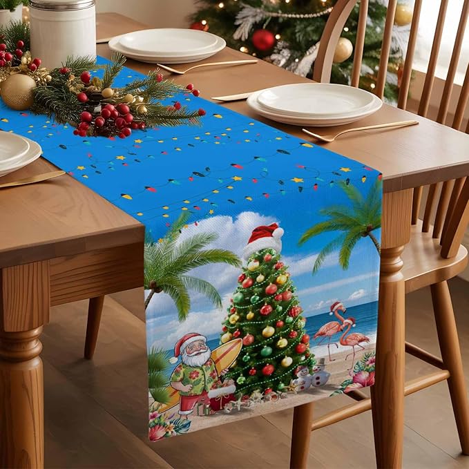 Coastal Christmas Table Runner 36 Inches Long, Xmas Tree Santa Beach Table - Image 3