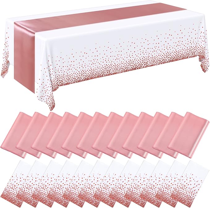 24 Packs Rose Gold and White Disposable Tablecloths and Satin Table Runner Set by Breling