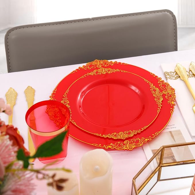 Morejoy 175PCS Red Plastic Plates, 25 Silverware Sets, 25 Cups, 25 Napkins - Image 6
