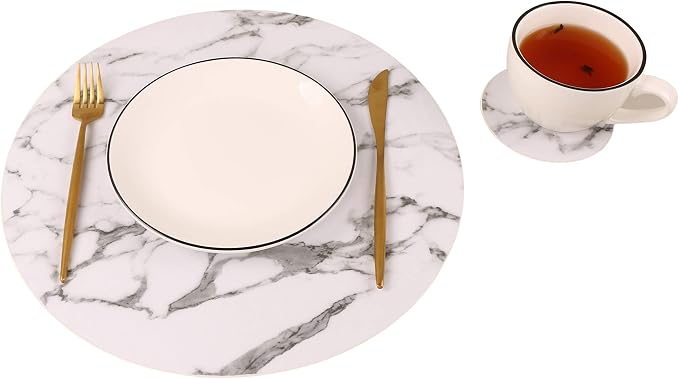 Set of 8 Marble Round Placemats and Coasters, Faux Leather Waterproof Table Mats - Image 5