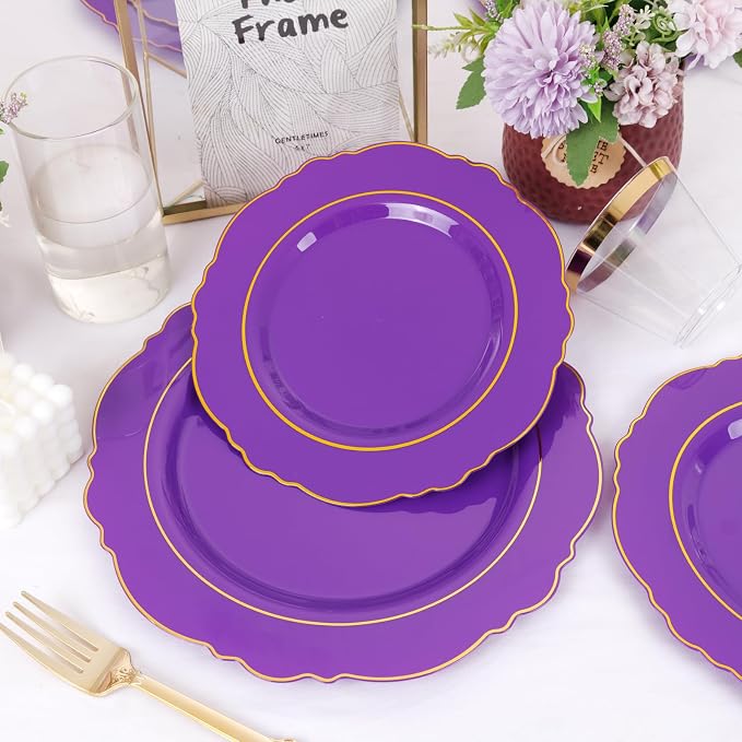 350PCS Purple Plastic Plates-Disposable Purple and Gold Plates 50 guest Baroque - Image 6
