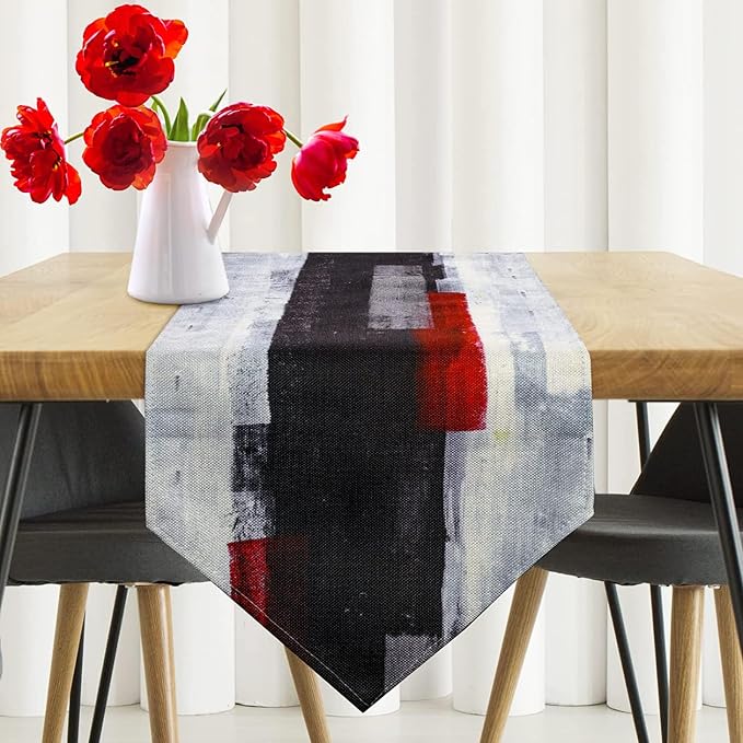 Black and White Table Runner 13x72 Inch Modern Abstract Art Painting Kitchen by ZCHOMI