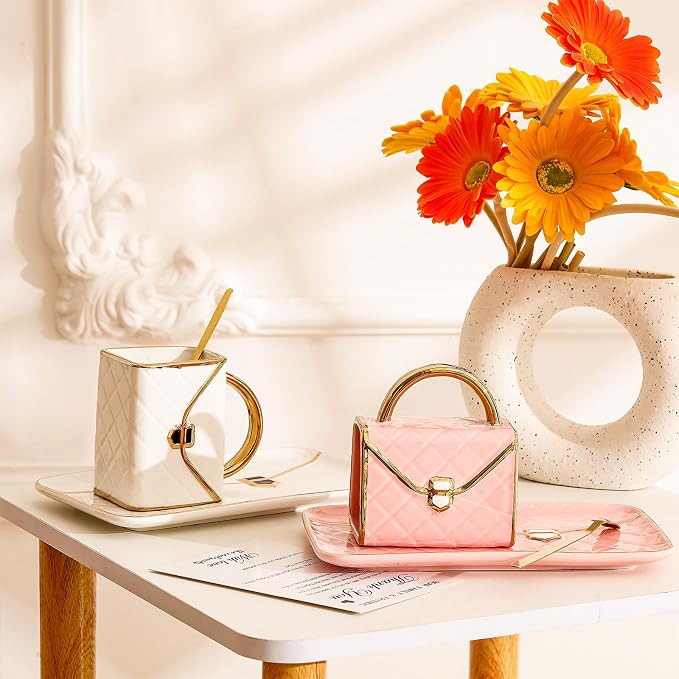 Zubebe 4 Sets Coffee Mug Elegant Handbag Shaped Cup Modern Ceramic Purse Mug - Image 3