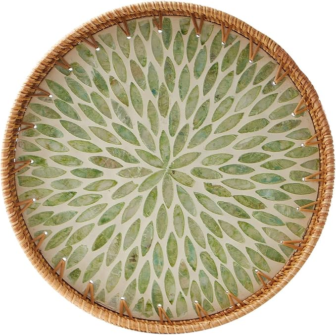Round Rattan Tray with Mother of Pearl Inlay, Rattan Serving Tray with Wooden by Kmelep