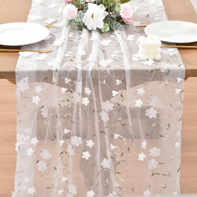 Wildflower Floral Sheer Tulle Gauze Table Runner Wedding Baby Shower Decor | - Image 2