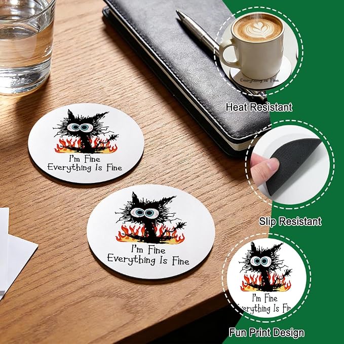 It's Fine I'm Fine Drink Cup Holder Coaster Set of 2, Funny Black Cat Coffee - Image 3