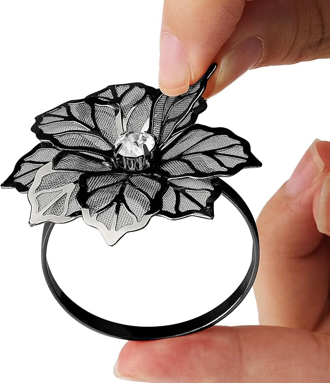 KPOSIYA Flower Napkin Rings Holder Metal Black Napkin Rings Set of 12 - Image 4