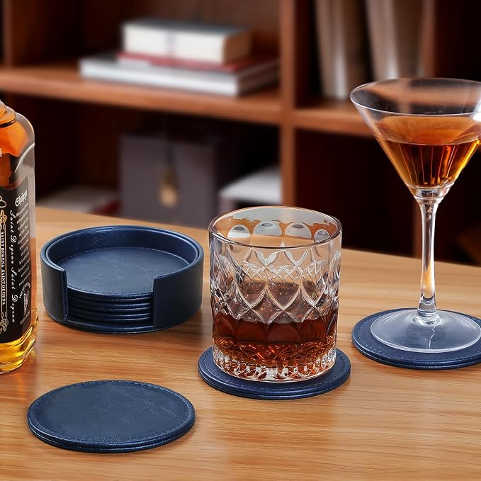 Leather Coasters Set of 6 with Holder, Tabletop Protection, Coffee Table & Bar - Image 2