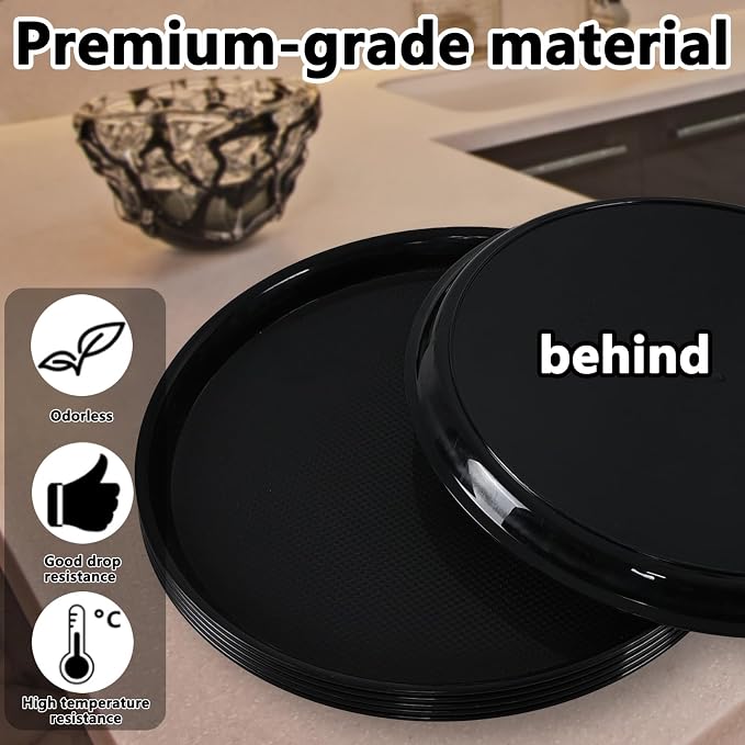 6-Pack Plastic Serving Trays, 13.5 in Round Non-Slip Trays | Black Restaurant - Image 3