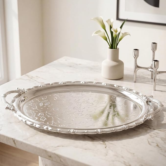 4 Pack Serving Tray with Handles 16.1 x 12.4 Inch Large Metal Plate Floral - Image 2