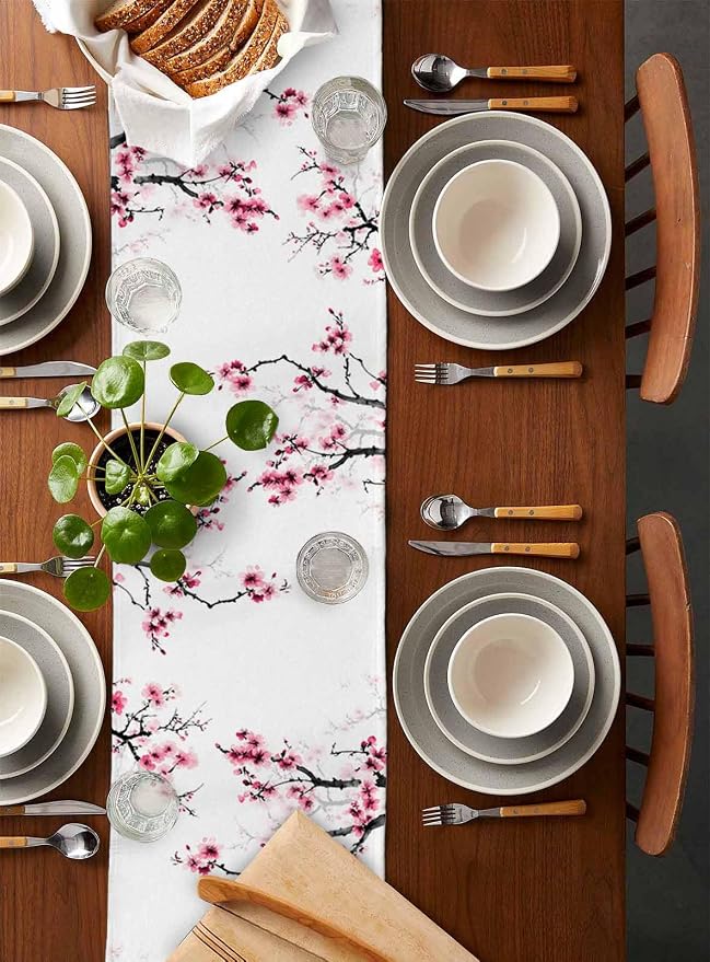 Pink Cherry Flowers Table Runners 108 Inches Long, Cotton Linen Fabric Table - Image 5
