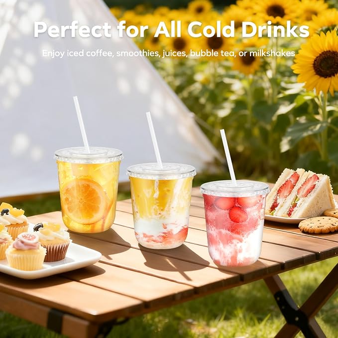 25 Pack 12 oz Clear Cups with Lids and Straws, Plastic Coffee Drink Cups | - Image 3