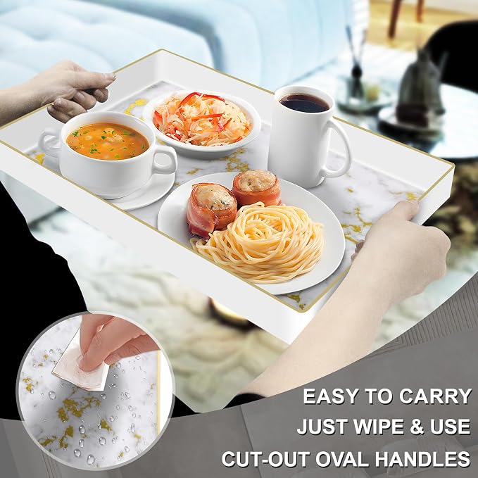 Plastic Serving Tray with Handles, Rectangle White Decorative Tray | Coffee - Image 3
