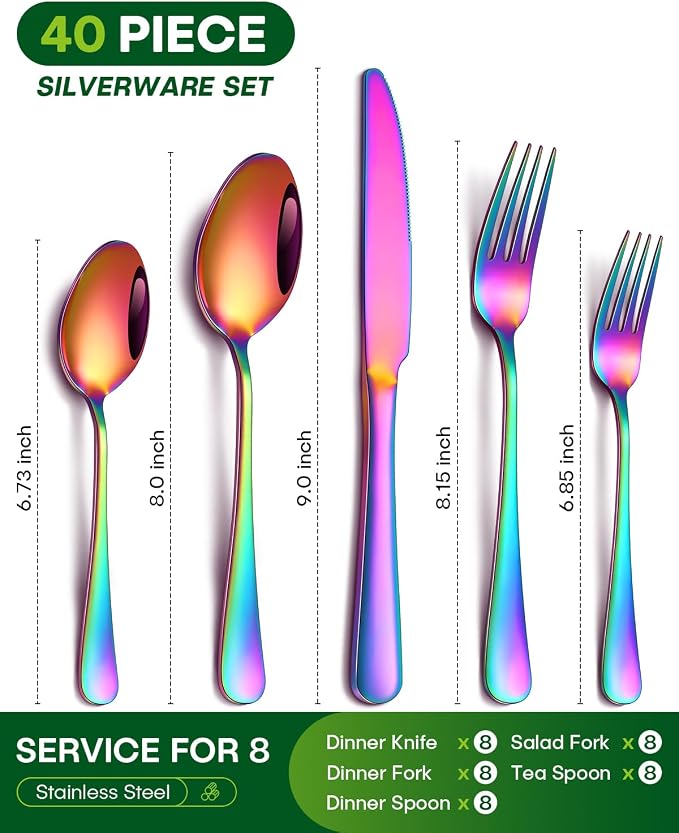 PHILIPALA 40 Piece Rainbow Silverware Set, Stainless Steel Flatware Set - Image 2