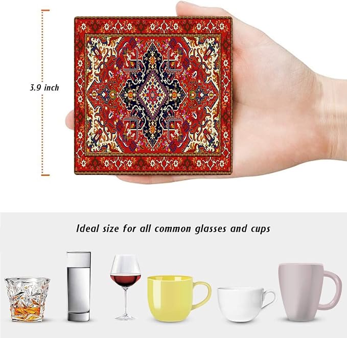 Geometric Coasters for Drinks, Ceramic Stone | Tribal Absorbent Square Table Mat - Image 2